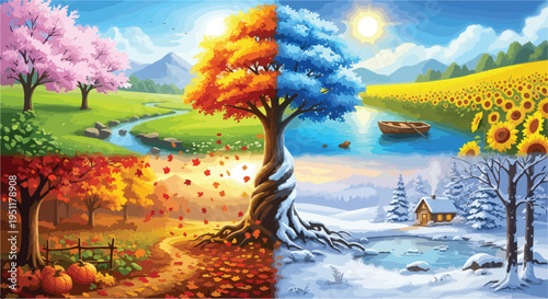 Four Seasons Landscape Vector Illustration: Spring Cherry Blossoms, Summer Sunflowers, Autumn Leaves, Winter Snow Scene with Cabin