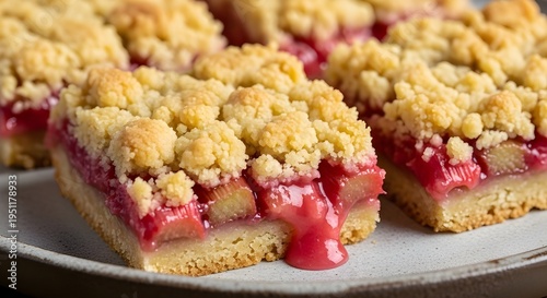 Rhubarb Crumble Bars Tart Pink Filling Underneath, a Perfect Balance of Buttery Crunch and Tangy Fruit Sweetness, Celebrating Homemade Comfort and the Rustic Charm of Seasonal Baking