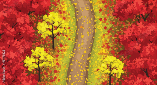Autumn forest path vector illustration with vibrant red and yellow trees and fallen leaves, top-down aerial view for seasonal designs
