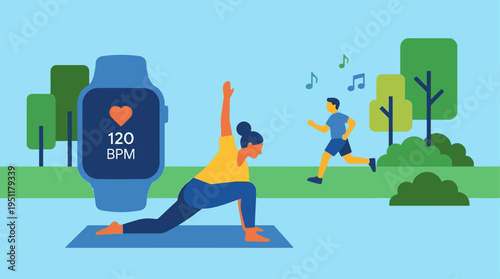 Embracing a Healthy Lifestyle Smartwatch Monitoring Heart Rate During Outdoor Yoga and Running for Enhanced Fitness and Wellness