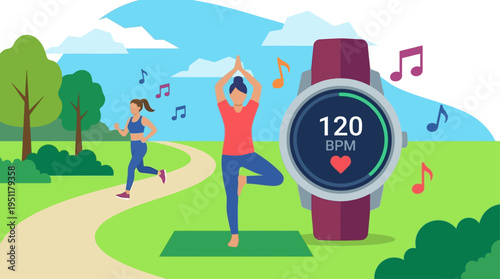 Embracing holistic wellness women enjoy outdoor yoga and jogging in a vibrant park, complemented by a smart health tracker monitoring vital signs for an active lifestyle