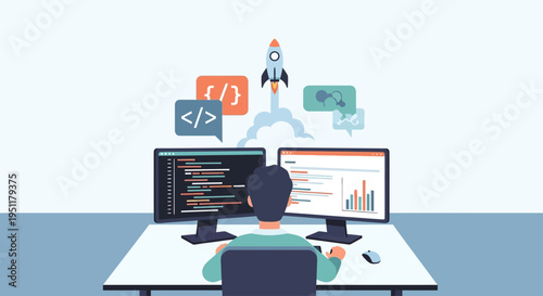 Illustration of a programmer working on a computer with code and graphs, symbolizing startup growth and technology