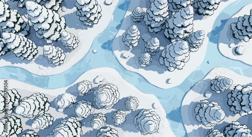 Winter forest landscape vector illustration with snow-covered pine trees and frozen river, aerial view for seasonal designs