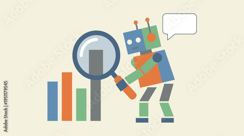Robot Analyzing Data With Magnifying Glass Over Bar Chart