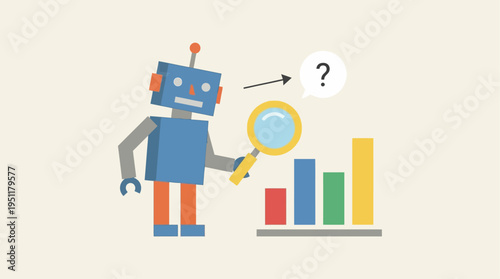 A robot thoughtfully analyzing data trends with a magnifying glass, representing artificial intelligence and business analytics concepts for problem-solving