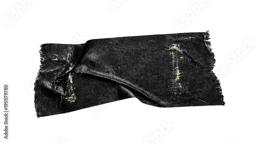 Black gaffer tape piece with torn edges and wrinkled texture isolated on transparent grid background