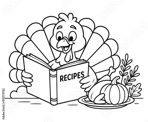 Turkey reading recipe book coloring page with pumpkin and roasted poultry for thanksgiving