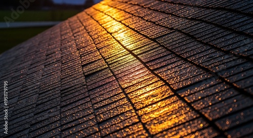 Golden sunlight on wet roof tiles.