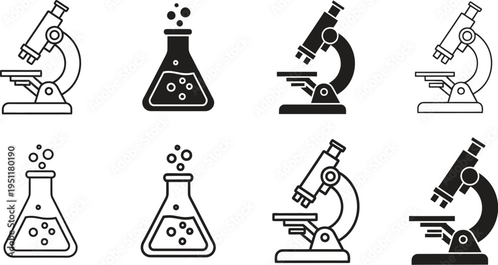Naklejka premium A collection of black and white icons featuring microscopes and beakers on a clean white background for scientific and laboratory themes