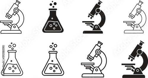 A collection of black and white icons featuring microscopes and beakers on a clean white background for scientific and laboratory themes