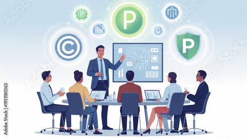 Business meeting presentation with team discussing strategy intellectual property and protection concepts flat vector illustration for corporate use
