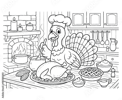 Thanksgiving dinner with turkey chef cooking, delicious food on table, autumn feast