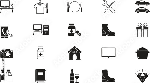 A collection of various black and white icons on a clean white background