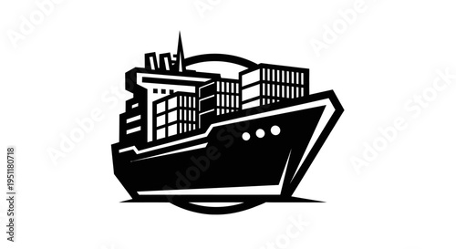 Black and white graphic of a cargo ship carrying containers on a white background