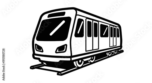 Black and white illustration of a modern subway train on railroad tracks