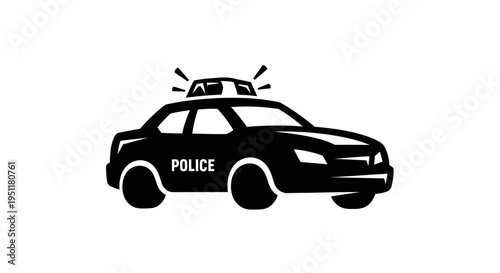 Black and white police car vector icon with emergency lights on white background