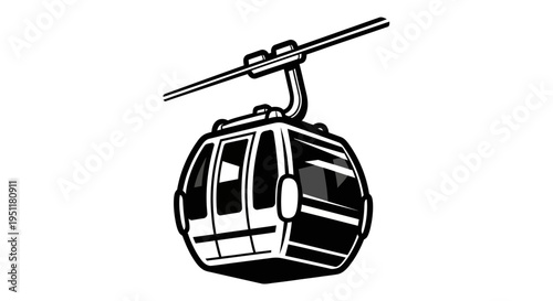 Black and white vector illustration of a gondola lift cabin hanging from a cable