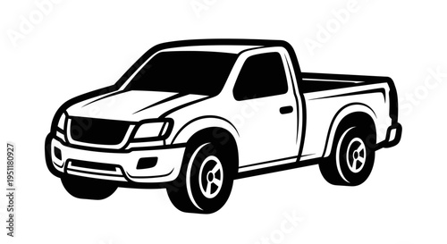 Black and white vector illustration of a pickup truck isolated on a white background