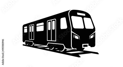 Black and white vector illustration of a subway train moving on tracks
