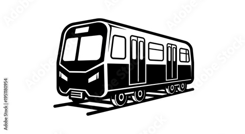 Black and white vector illustration of a subway train on tracks with white background