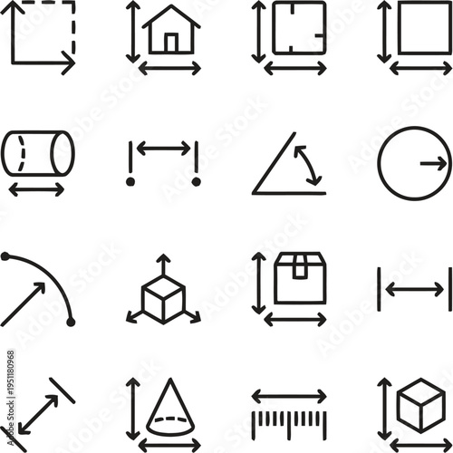 A collection of geometric shapes and symbols used for measurement and dimension indication in technical drawing and architecture