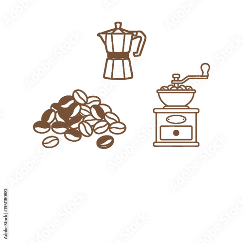 Espresso machine with coffee beans.Coffee Maker and Brewing Equipment Icon with Espresso Grinder and Cup Vector Illustration.