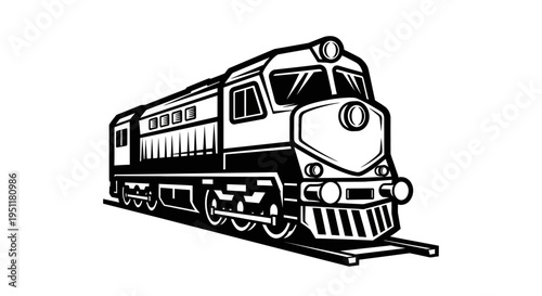 Black and white vector illustration of a train locomotive engine on railroad tracks