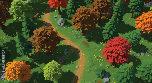 Top-down view of a vibrant autumn forest with a winding dirt path, lush green grass, and colorful trees in red, orange, and brown hues, ideal for game design or nature-themed projects