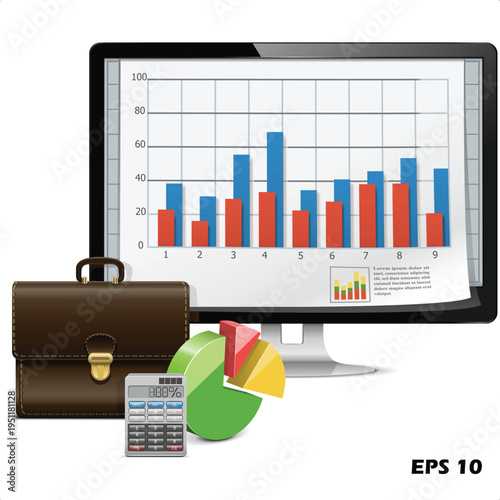 Business Analytics and Financial Report Vector Template. Professional 3D Business Infographic with Computer Monitor, Bar Chart, and Briefcase.