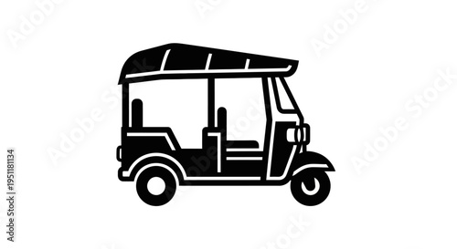 Black profile icon of a three wheeled tuk tuk on a white background