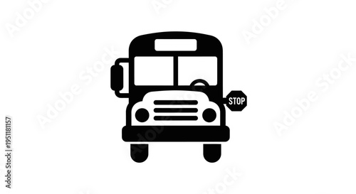 Black school bus icon facing forward with an extended stop sign on white background