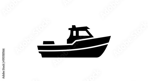 Black silhouette icon of a fishing boat isolated on white background