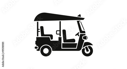 Black silhouette icon of a Thai tuk tuk auto rickshaw isolated on white background