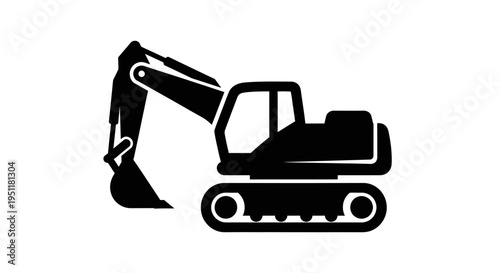 Black silhouette of a tracked excavator isolated on a white background