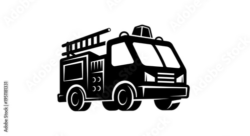 Black vector fire truck icon with a ladder on a white background