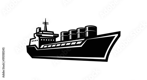 Black vector illustration of an industrial oil tanker ship isolated on white background