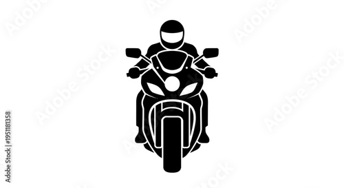Front view black silhouette of a person on a sport motorcycle on white background