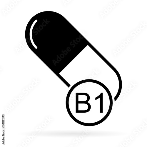 Vitamin B1 icon shadow, healthy medicine pill supplement symbol, complex mineral vector illustration .