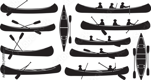 Various Canoe and Kayak Silhouettes with Paddles and People