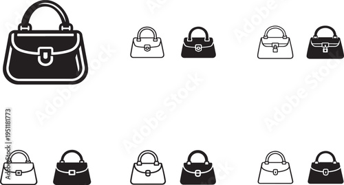 Handbag icon set vector. Outline and glyph style fashion bag symbols for shopping, UI, web use.