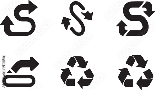 Black Solid Abstract Arrow Silhouettes Set of Six on White Background