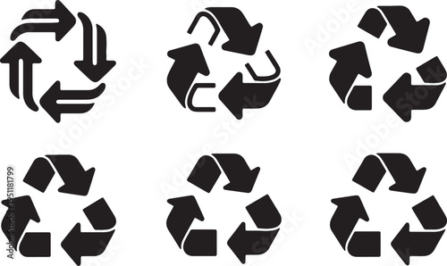 Black Solid Abstract Arrow Silhouettes Set of Six on White Background