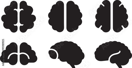 Black Solid Abstract Brain Silhouettes Set of Six on White Background
