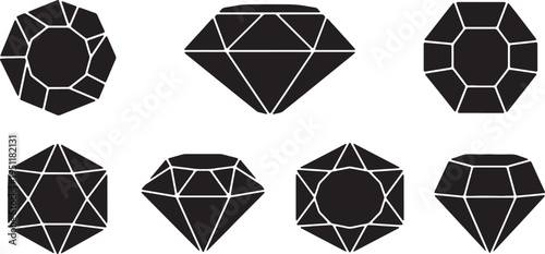 Black Solid Abstract Diamond Silhouettes Set of Six on White Background
