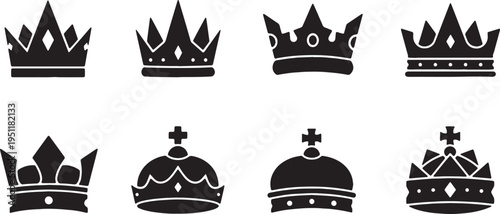 Black Solid Abstract Crown Silhouettes Set of Six on White Background