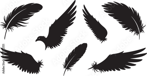 Black Solid Abstract Feather Silhouettes Set of Six on White Background