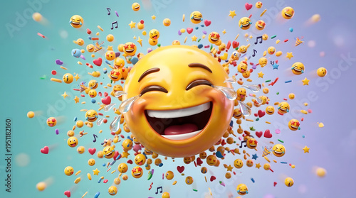 Joyful Emoji Character Laughing with Colorful Social Media Icons