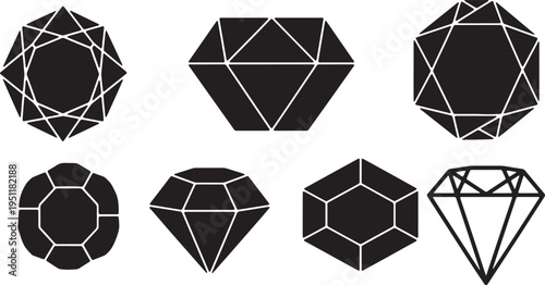 Black Solid Abstract Diamond Silhouettes Set of Six on White Background