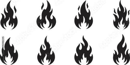 Black Solid Abstract Fire Spark Silhouettes Set of Six on White Background