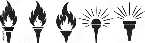 Black Solid Abstract Torch Silhouettes Set of Six on White Background